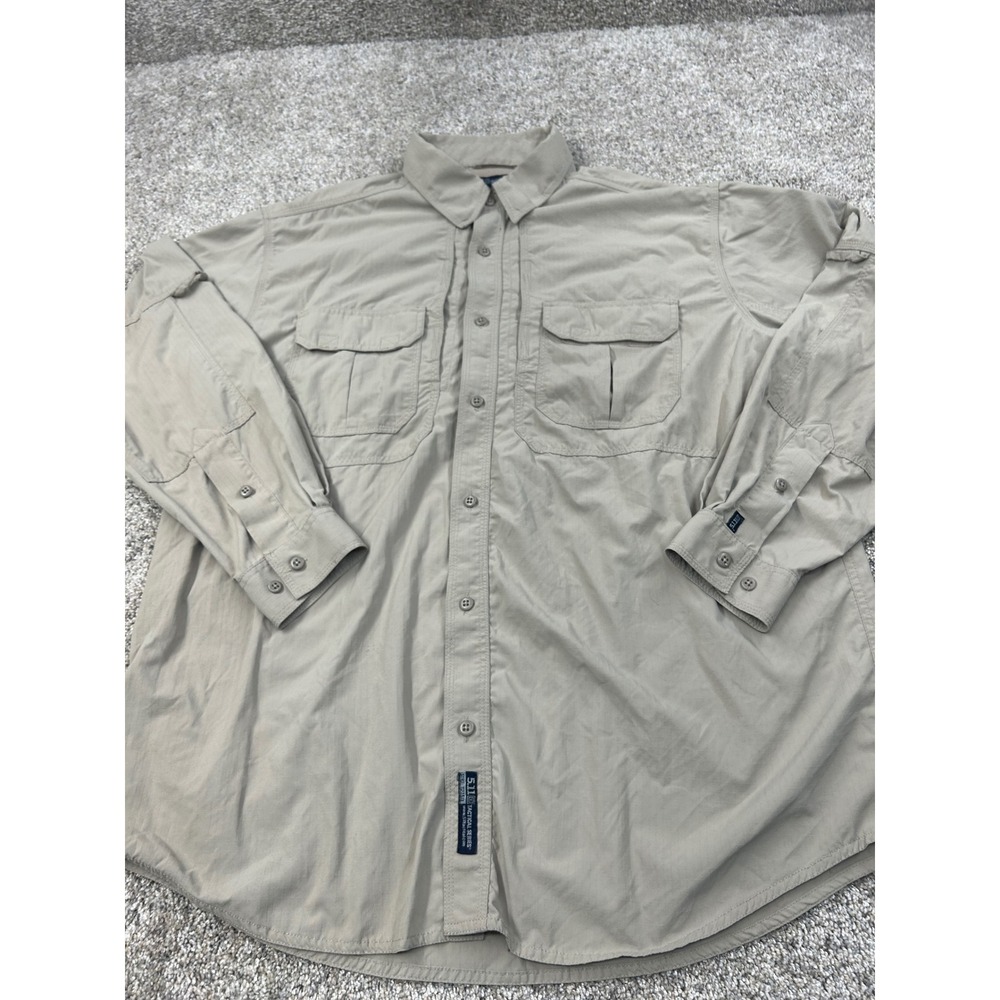 5.11 Tactical Series Mens XL Khaki Nylon Ripstop Long Sleeve Shirt 72158  #0760
